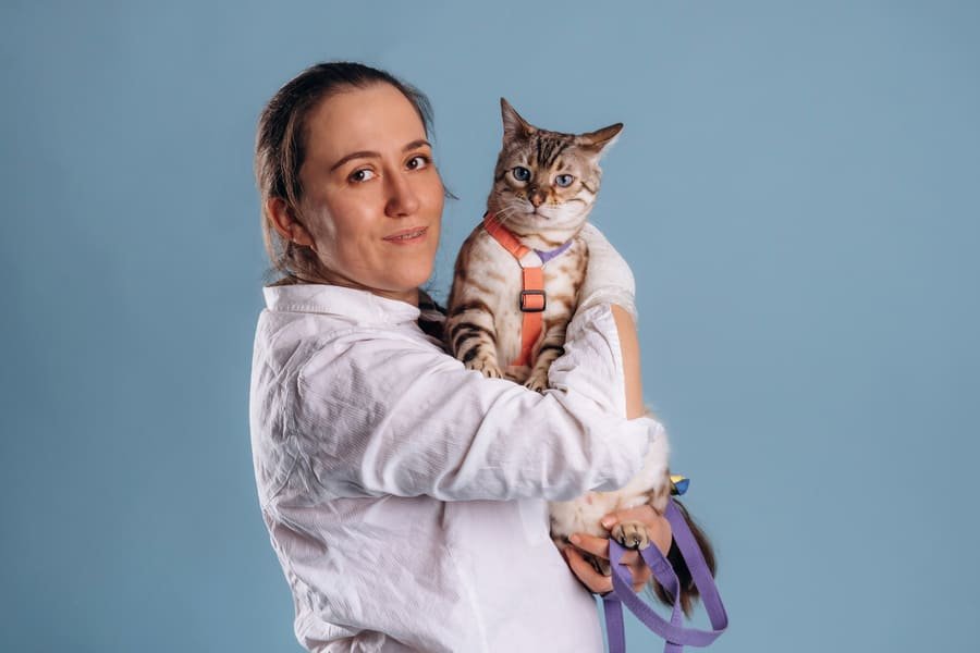 Doctora cargando gatito en veterinaria